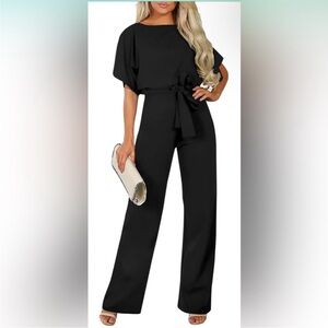 Women’s Dressy Jumpsuit Casual Loose Short Sleeve Belted Wide Leg Pants Size L